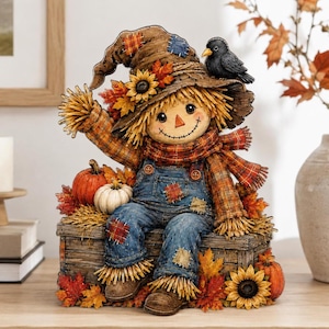Personalized Fall Scarecrow Wooden Decor, Autumn Shelf Sitter, Thanksgiving Home Decor, Harvest Pumpkin Sign, Custom Fall Table Centerpiece