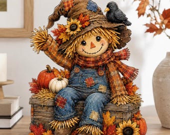 Personalized Fall Scarecrow Wooden Decor, Autumn Shelf Sitter, Thanksgiving Home Decor, Harvest Pumpkin Sign, Custom Fall Table Centerpiece