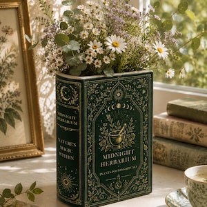 May include: A dark green ceramic vase shaped like a book, titled Midnight Herbarium, featuring gold celestial and botanical illustrations. The vase is filled with a bouquet of white daisies, purple filler flowers, and eucalyptus leaves.