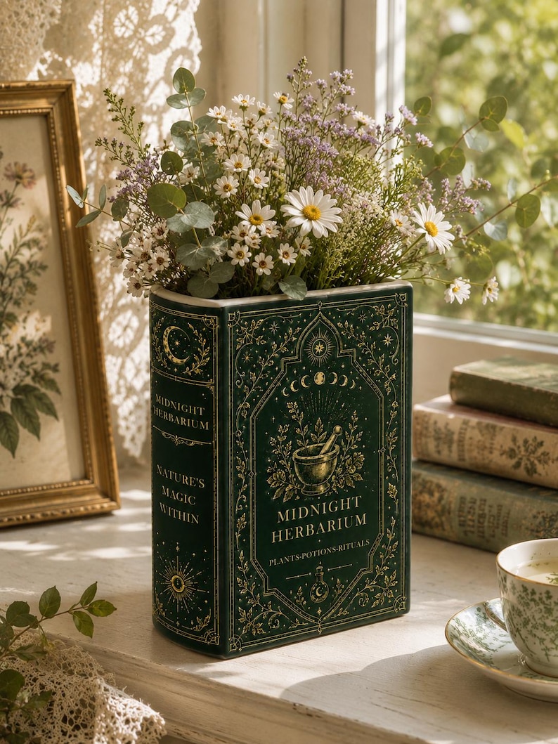 May include: A dark green ceramic vase shaped like a book, titled Midnight Herbarium, featuring gold celestial and botanical illustrations. The vase is filled with a bouquet of white daisies, purple filler flowers, and eucalyptus leaves.