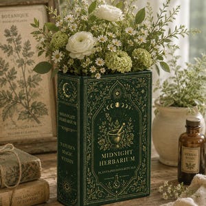 May include: A dark green rectangular ceramic vase shaped like a book titled Midnight Herbarium, featuring gold foil celestial and botanical illustrations, filled with a bouquet of white ranunculus, daisies, and green hydrangea blossoms.