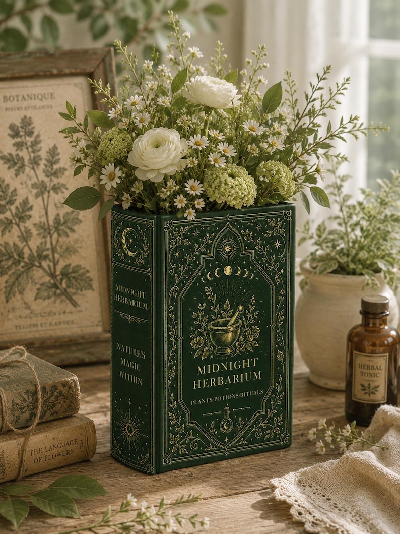 May include: A dark green rectangular ceramic vase shaped like a book titled Midnight Herbarium, featuring gold foil celestial and botanical illustrations, filled with a bouquet of white ranunculus, daisies, and green hydrangea blossoms.