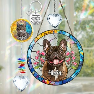 French Bulldogs Memorial Suncatcher Dog Portrait Stained Glass Pet Loss Sympathy Ornament Crystal Hanging Bereavement Keychain Gifts