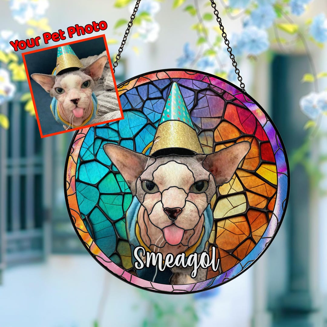 Custom Cat Portrait Art Suncatcher Gifts Dog Memorial Loss Pet Stained ...