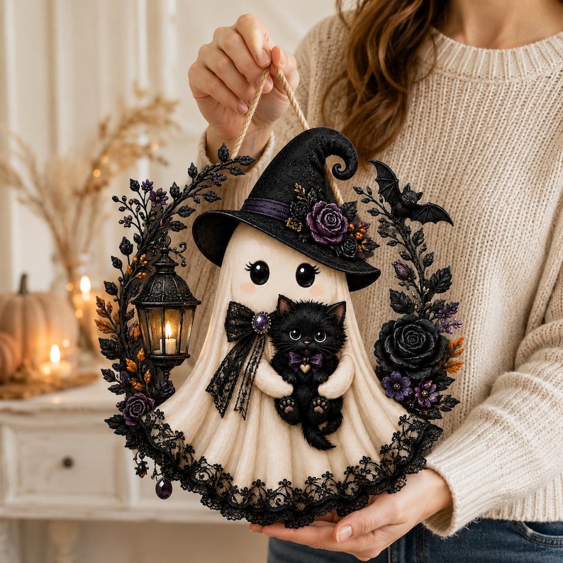May include: A decorative wall hanging featuring a cream-colored ghost wearing a black witch hat adorned with purple roses. The ghost holds a black kitten and is surrounded by a wreath of black leaves, purple flowers, a black lantern, and a bat.