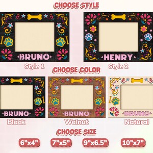 May include: Decorative wooden picture frames with floral and paw print designs. Available in black, walnut, and natural finishes. Sizes include 6"x4", 7"x5", 9"x6.5", and 10"x7". Each frame features a name, such as "Bruno" or "Henry".