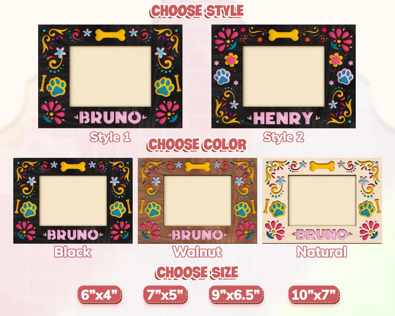 May include: Decorative wooden picture frames with floral and paw print designs. Available in black, walnut, and natural finishes. Sizes include 6"x4", 7"x5", 9"x6.5", and 10"x7". Each frame features a name, such as "Bruno" or "Henry".