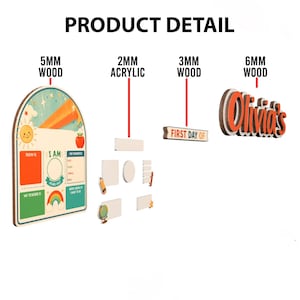 May include: A product detail graphic showing components: a 5mm wood arch-shaped board with colourful school-themed graphics, 2mm acrylic pieces, a 3mm wood sign reading FIRST DAY OF, and a 6mm wood layered name sign reading Olivia's.