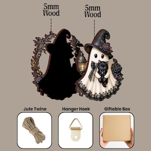 May include: A 5mm wood cutout of a ghost wearing a witch hat and holding a black kitten, decorated with black lace and roses, featuring a lantern. Includes a length of jute twine, a metal hanger hook, and a plain brown giftable box for storage.