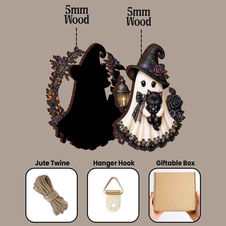 May include: A 5mm wood cutout of a ghost wearing a witch hat and holding a black kitten, decorated with black lace and roses, featuring a lantern. Includes a length of jute twine, a metal hanger hook, and a plain brown giftable box for storage.