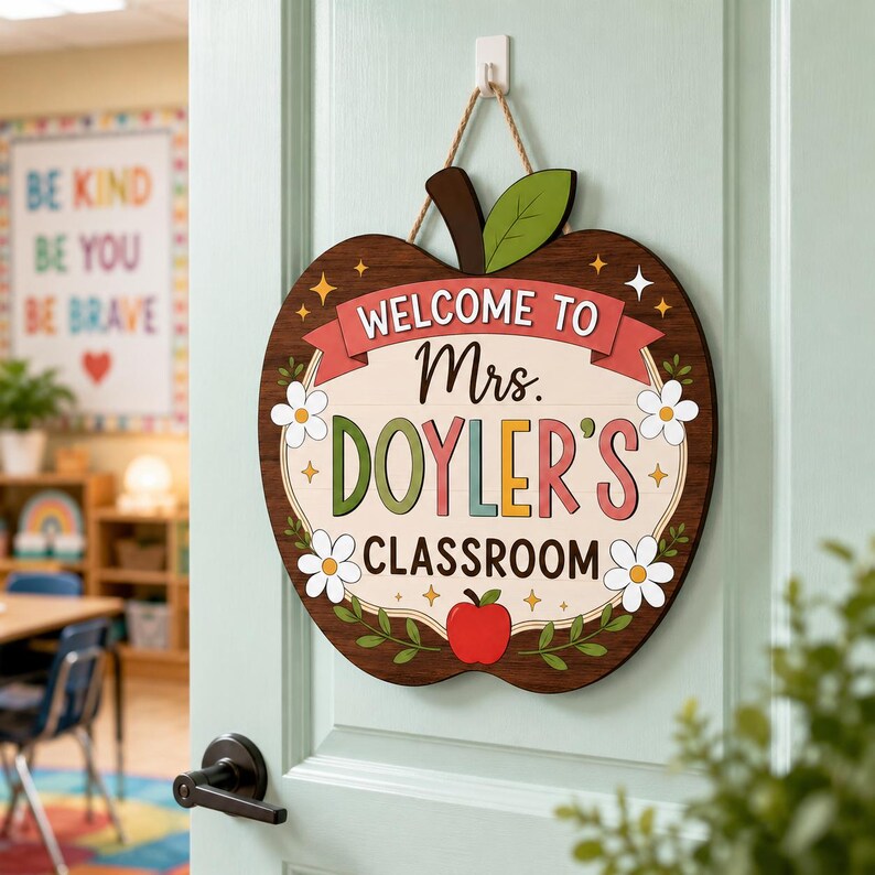 Personalized Teacher Apple Door Sign, Custom Classroom Name Sign ...