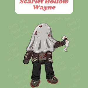 Könnte beinhalten: Illustration eines Charakters aus "Scarlet Hollow Wayne", der ein Geistertuch mit Blutflecken, eine braune Jacke, eine schwarze Hose und Turnschuhe trägt. Die Figur hält ein blutiges Tuch. Der Hintergrund ist hellgrün.