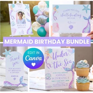 May include: A mermaid-themed birthday party stationery bundle featuring a welcome sign, thank you cards, and an invitation. The designs include watercolor illustrations of mermaids, seashells, and starfish in purple and blue tones with the text "MERMAID BIRTHDAY BUNDLE" and "EDIT IN Canva".