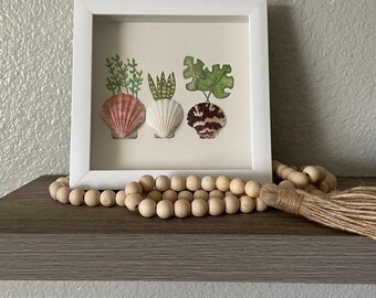 Watercolor, Sea glass, Potted Plants, Succulents, Seashells art, wall decor