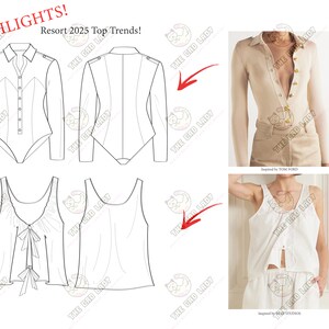 May include: A fashion illustration of four different tops. The first two are long-sleeved shirts with a button-up front and a fitted silhouette. The third is a sleeveless top with a tie at the front. The fourth is a sleeveless top with a scoop neck.