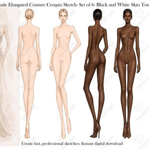 Può includere: Un set di sei schizzi di moda allungati con diverse tonalità di pelle. La collezione include figure viste di fronte e di spalle, con una figura che indossa un abito dettagliato e decorato. Testo: Female Elongated Couture Croquis Sketch- Set of 6- Black and White Skin Tone. Create fast, professional sketches- Instant digital download.