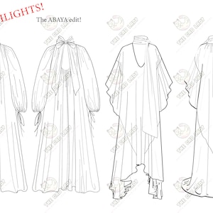 以下が含まれることがあります： 4種類の異なるアバヤスタイルの線画イラスト。画像の上部に「The ABAYA edit!」というテキストが書かれています。