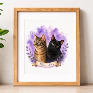 Custom Two Cats Portrait from Photo, Personalized Watercolor Cat Painting