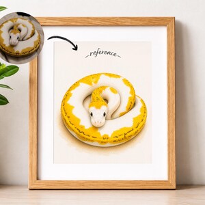 Puede incluir: Una lámina artística enmarcada que presenta una ilustración detallada de una serpiente enroscada con escamas de patrón blanco y amarillo. La serpiente está situada en el centro, con una pequeña imagen circular en la esquina superior izquierda.