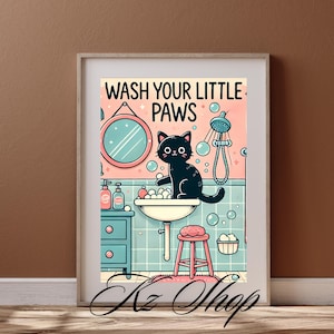 Ilustración de gato negro para el baño, impresión de gato &quot;Lávate las patas&quot;, póster de baño adorable, plantilla de arte mural divertida