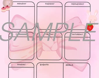 Kawaii Weekly Planner Printable | Pink Cute Aesthetic Planner | Soft Girl Schedule | Strawberry Milk Theme | Kawaii Stationery | Digital Dow