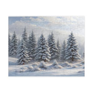 May include: A completed jigsaw puzzle featuring a winter landscape with snow-covered evergreen trees. The puzzle depicts a serene scene with a soft, cloudy sky and a blanket of snow covering the ground and the trees. The puzzle is rectangular and has many pieces.