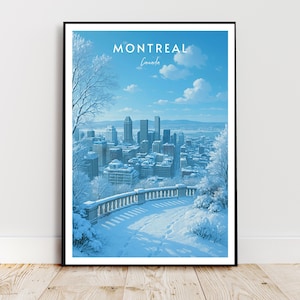 Peut inclure: Une affiche encadrée de Montréal, Canada, en hiver. L'œuvre représente un paysage urbain enneigé sous un ciel bleu clair avec le texte "MONTREAL Canada". Un chemin enneigé mène à la ville.