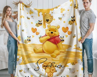 Personalized Winnie the Pooh Blanket, Pooh Bear Blanket, Christmas Gifts, Winnie Birthday Gifts, Kids Name Blanket, Baby Gift,Disney Blanket