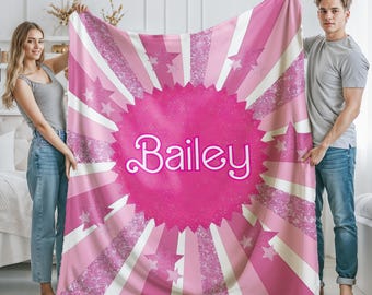 Personalized Pink Girl Minky Sherpa Blanket, Custom Name Throw