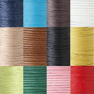 May include: Assortment of 12 spools of waxed cotton cord in various colors, including navy blue, turquoise, brown, white, beige, brown, black, yellow, green, pink, and red.