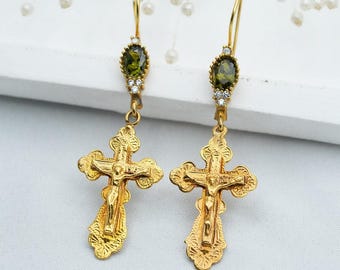 Cross Earrings With Stones, Cross Dangle Earrings, Cross Earrings Women, Gold Cross Earrings, Jesus Crucifix Earrings With Zircon