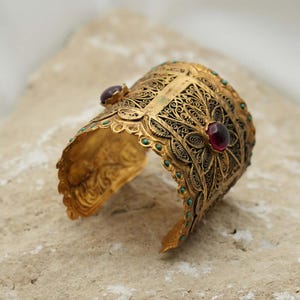 Hand Carved Cuff, Handmade Bracelet, Ruby Stone Bracelet, Gold Plated Cuff Bracelet, Turkish Handmade Jewelry, Ottoman Bracelet