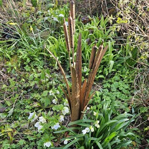 May include: A brown metal cattail sculpture is set amongst green foliage and white and yellow flowers. The sculpture features multiple cattails and long, slender leaves, bringing a natural element to the garden.