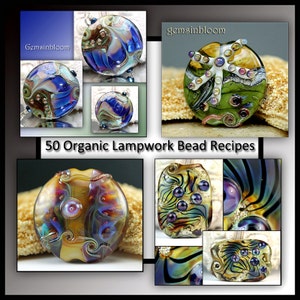 May include: A collage of 50 organic lampwork bead recipes showcasing colourful glass beads with intricate designs. The beads are made using a variety of techniques, including layering, marbling, and millefiori. The beads are ideal for jewellery making, beading, and other craft projects.