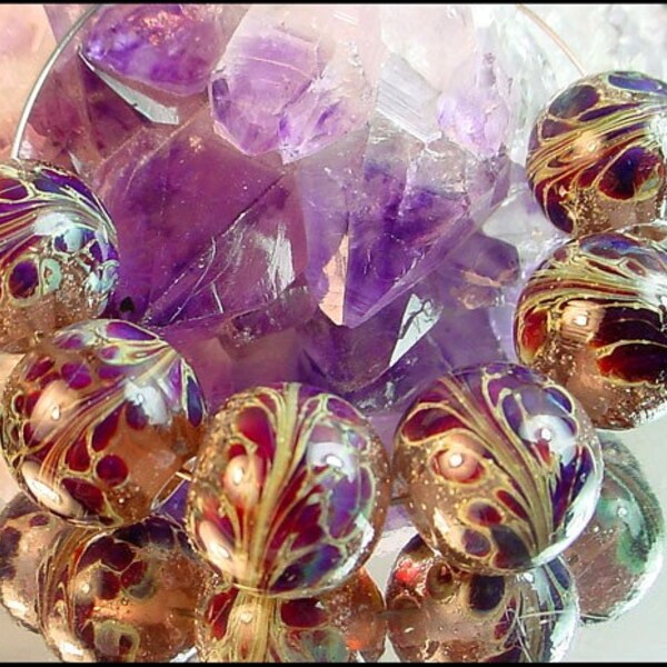 Purple Blue and Burgundy  Silver Glass  Round  Lampwork Beads - 6 Beads
