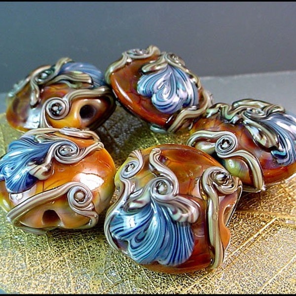 Antique Gold Blue and Purple Raised Floral Lentil Lampwork Beads - 5 Beads