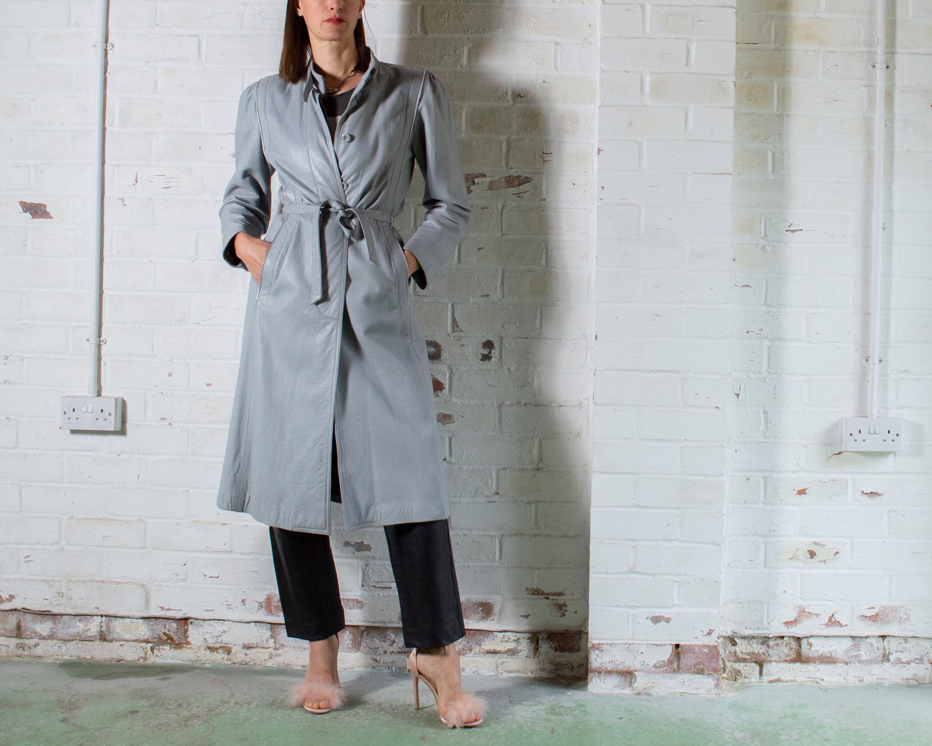 Image of Vintage S Long Grey Leather Trench Coat Uk Eur