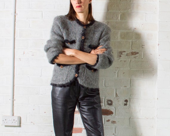 vintage 1980s grey mohair knitted cardigan jacket