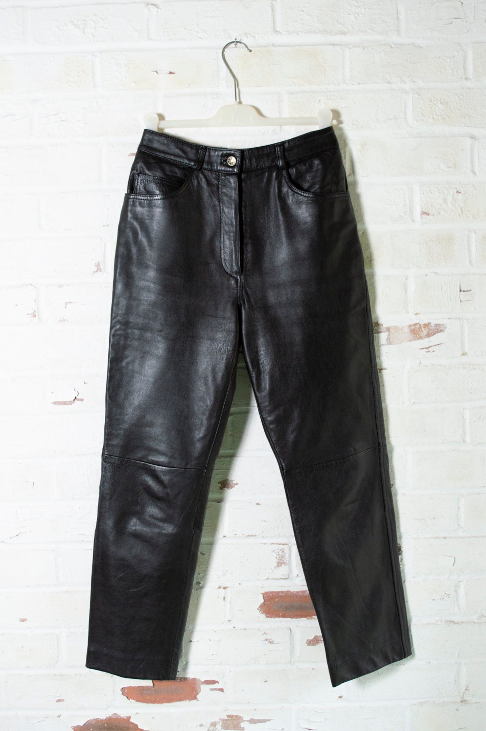Vintage 1980s high rise black leather biker trousers pants | Etsy