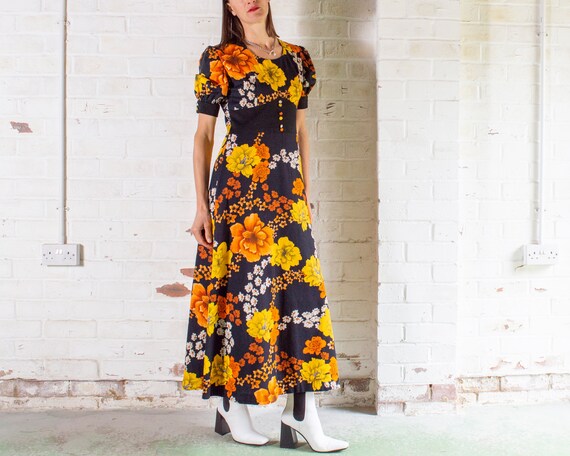 Vintage 1960s bold orange floral puff sleeve maxi