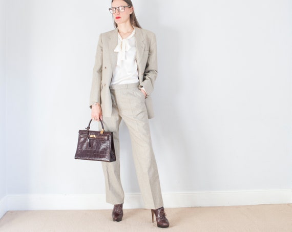 vintage 1970s French beige pinstripe double breast