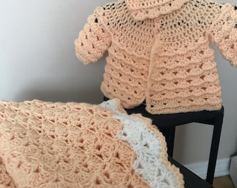 Sweater and hat set, Crochet baby blanket  handmade,  Baby Girl Blanket and Sweater Set ready to ship , Baby 3pc Set with story book