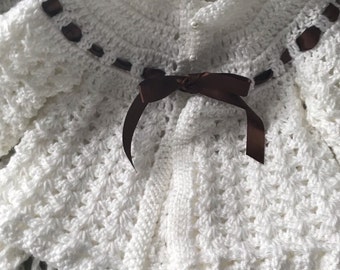 Crochet Baby Cardigan with removable  Chocolate satin ribbon  with Baby Super soft white  Blanket Set  ready to ship . 0 to 3 months