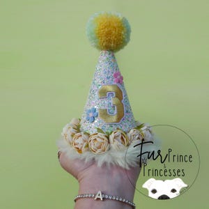 May include: A white glitter party hat with a yellow and green pom-pom on top. The hat has a gold number 3 on the front and is decorated with small flowers.