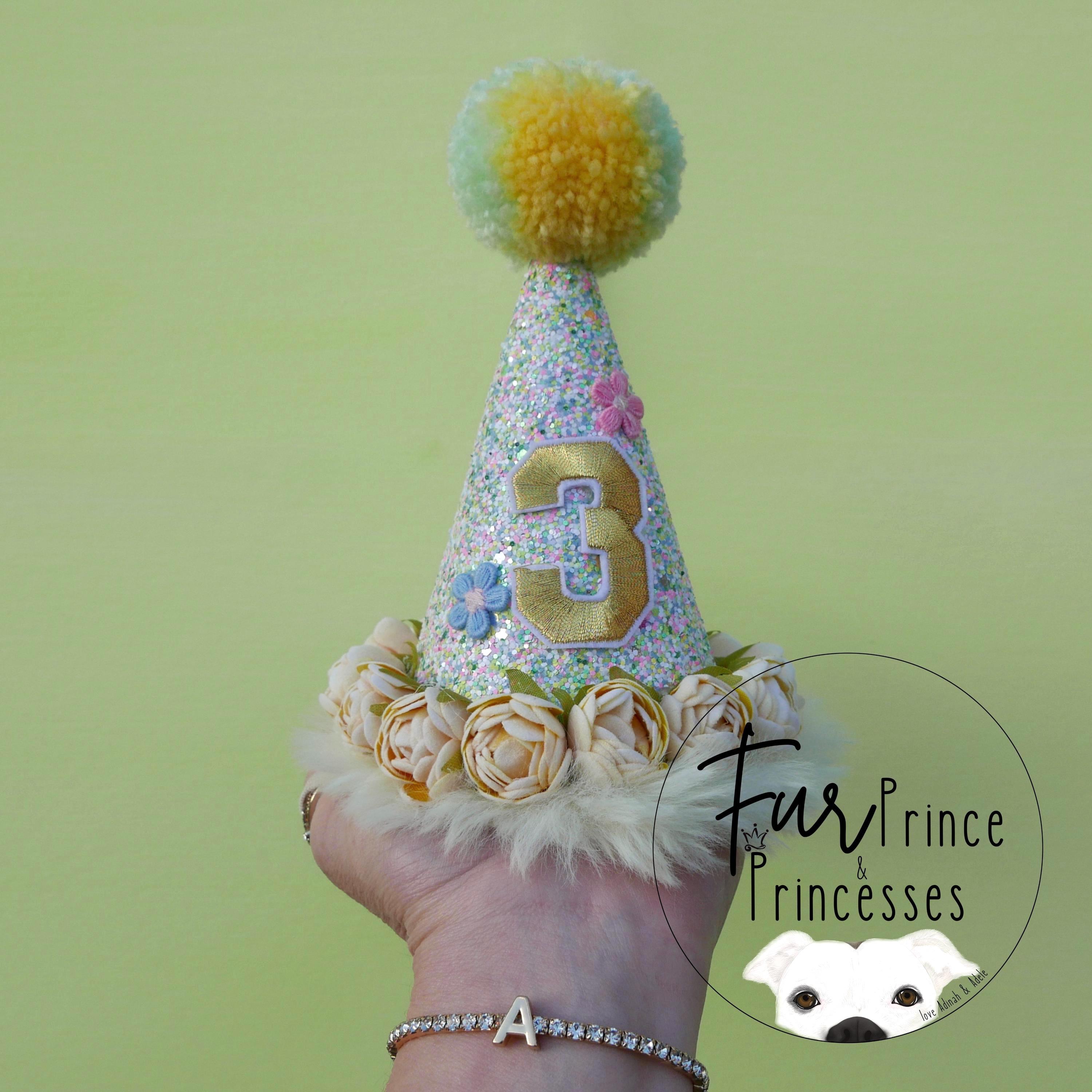 Dog party hat, dog birthday, pet hat, birthday hat, colourful cone hat, pet birthday, glitter hat, pompom, numbered birthday hat, celebrate