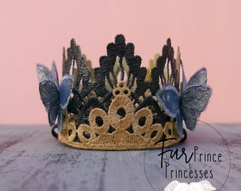 Black Lace Dog Birthday Crown with Butterflies, party hat, birthday crown