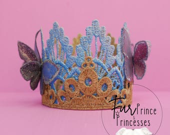 Blue Ombré Lace Dog Birthday Crown with Butterflies, party hat, birthday crown