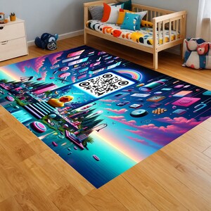 Puede incluir: Una alfombra colorida con un código QR, un pato de goma amarillo y varias formas geométricas. La alfombra tiene un esquema de color azul, rosa y morado con un arcoíris y nubes.