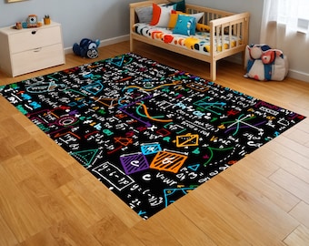 May include: A rectangular area rug featuring a black background with a colorful, hand-drawn style print of mathematical equations, geometric shapes, and scientific formulas in white, orange, blue, purple, and green ink across the entire surface.