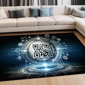 Puede incluir: Una alfombra azul y negra con un diseño circular que presenta un código QR blanco en el centro. La alfombra tiene un patrón moderno y geométrico.